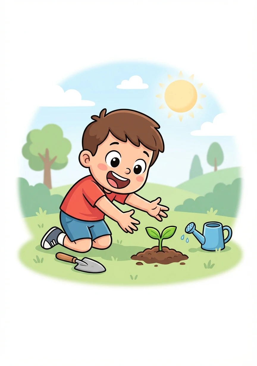 As Timo practiced patience, kindness, and honesty, a tiny sprout emerged from the ground where he had planted the seed. He was overjoyed!