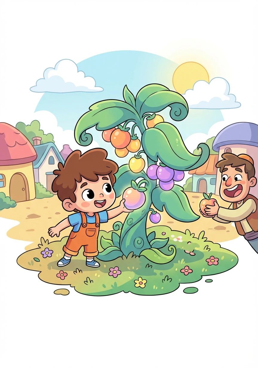 The plant began to produce delicious fruit, which Timo shared with everyone. The fruit nourished the village, and the dry land started to become fertile.