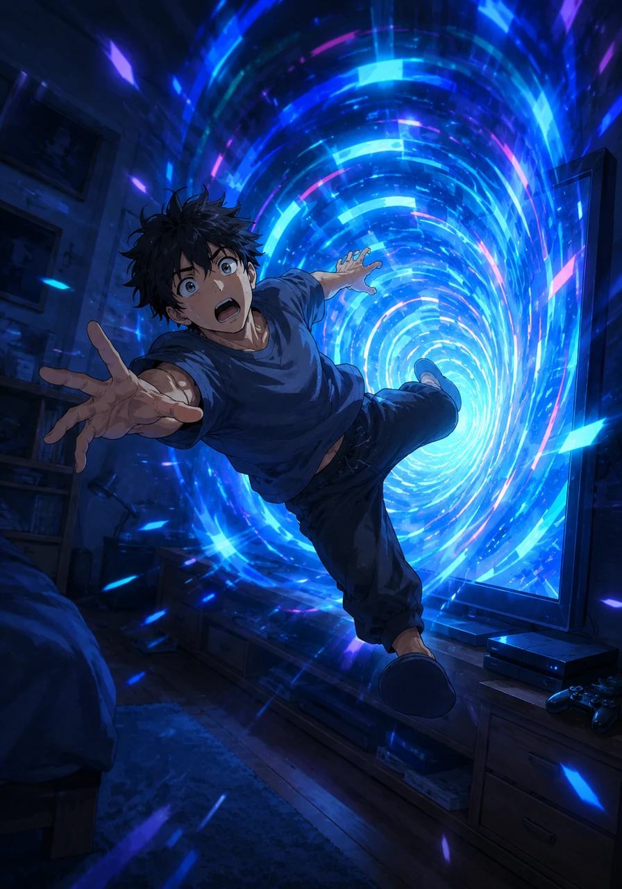 Vlad is sitting in his room playing a video game when his console suddenly glows with an intense, swirling blue light. Before he can react, a powerful gravitational pull drags him straight through the screen and into a dazzling dimensional vortex. He tumbles through a kaleidoscope of neon rings and digital pathways, wondering where this crazy journey will end.