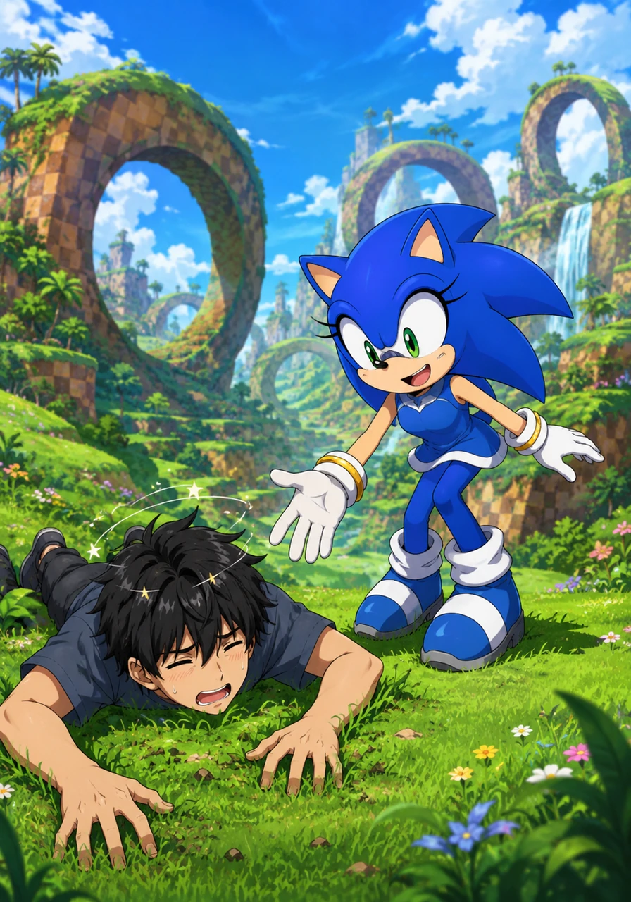 Vlad lands face-first on the soft green grass of a beautiful, loop-de-loop filled valley under a bright blue sky. As he shakes the dizziness from his head, a blue blur screeches to a halt right in front of him, revealing a cheerful and heroic female hedgehog with familiar spiky quills. She introduces herself as Sonica, the fastest heroine alive, and offers him a hand to help him up.