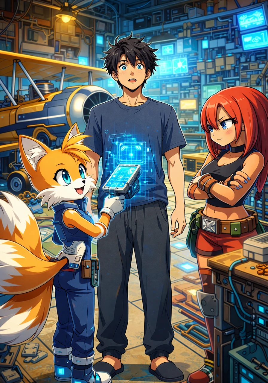 Sonica takes Vlad to a colorful workshop where they meet her best friend, a brilliant two-tailed fox girl named Tailsy who is busy adjusting a high-tech biplane. Tailsy scans Vlad with a futuristic device, explaining that his dimensional signature is completely unique to their world. A tough, red-furred echidna girl named Knuxie stands nearby with crossed arms, looking both curious and protective of her friends.