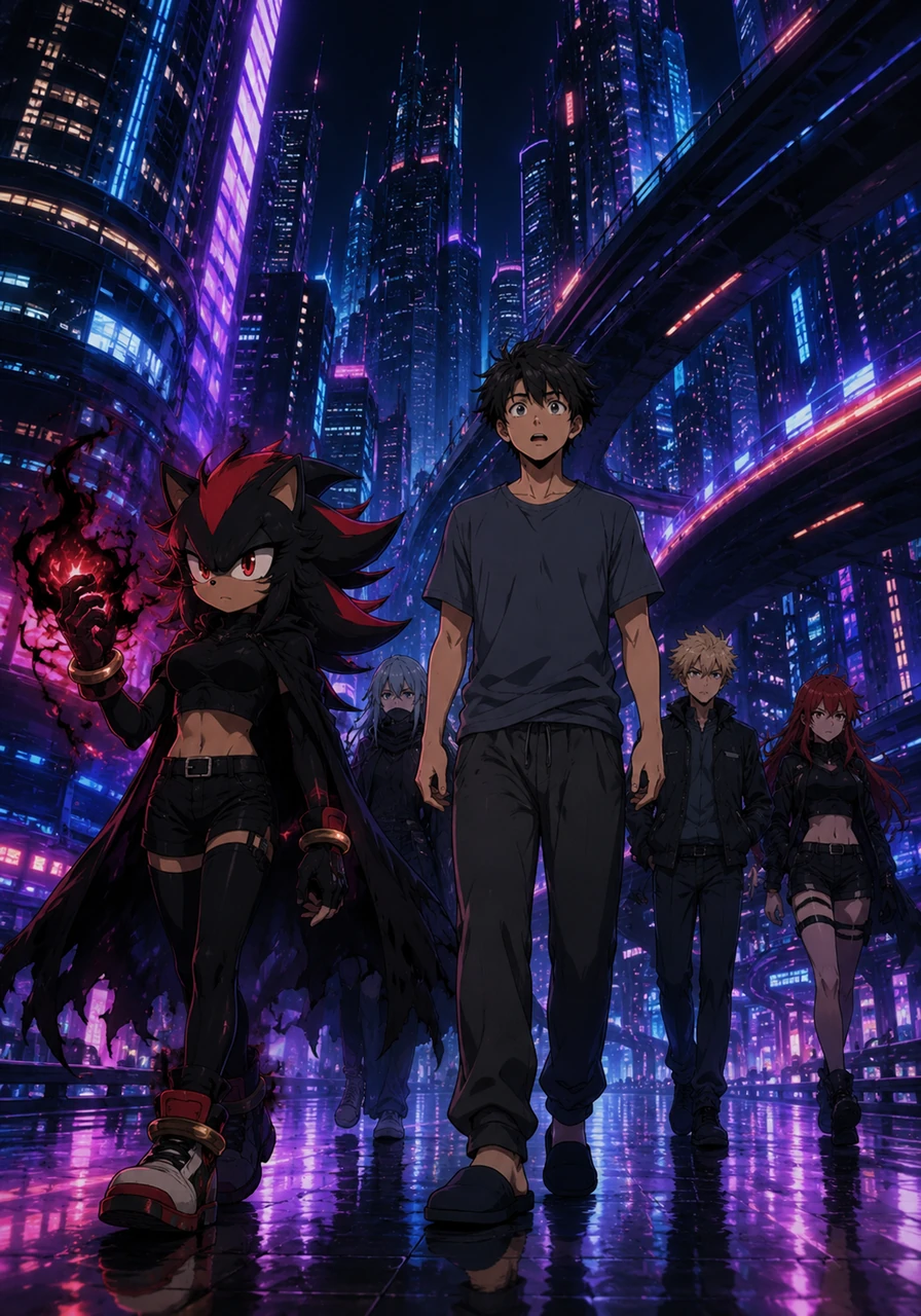 The group journeys through a glowing, neon-lit metropolis filled with towering skyscrapers and high-speed highways to gather clues. Along the way, they are joined by a mysterious, dark-furred hedgehog girl named Shadow, who possesses incredible chaos powers and a stoic attitude. Shadow reluctantly agrees to guide them through the dangerous paths ahead, impressed by Vlad's determination despite being a powerless human.