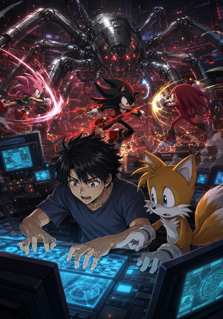 A climactic battle erupts in the control room as Dr. Eggwoman powers up a giant, multi-legged mechanical spider. Sonica, Shadow, and Knuxie coordinate their attacks to distract the massive machine while Tailsy guides Vlad to the main computer console. With his heart pounding, Vlad successfully hacks the system and initiates an emergency shutdown sequence, disabling the giant robot just in time.