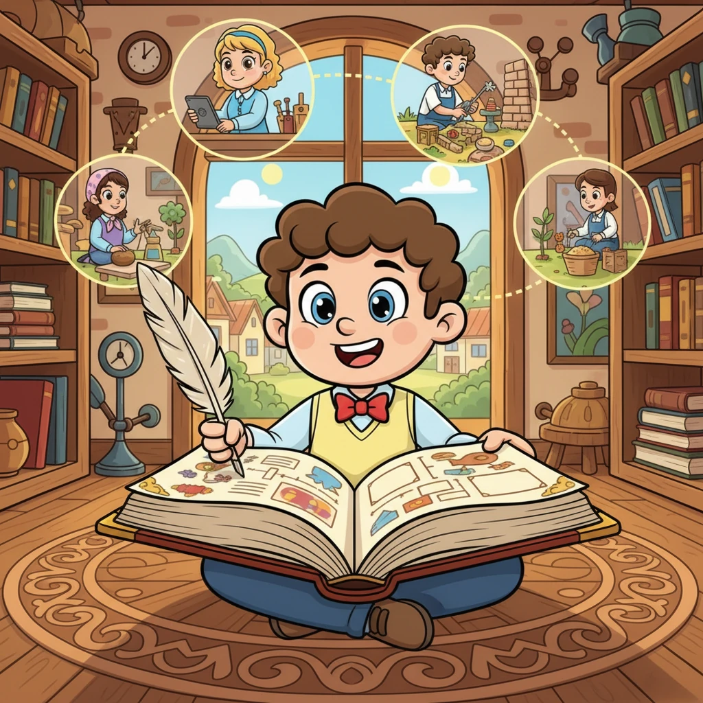 Kito avait un grand livre magique qu'il appelait son "Livre des Histoires de Travail". Dans ce livre, il notait soigneusement les noms de chaque villageois, ce qu'ils aimaient faire et où ils travaillaient. C'était comme une collection de toutes les aventures de travail de chacun, classée avec amour.