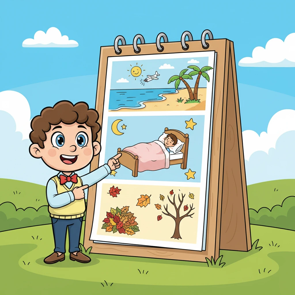 Pour les jours où les villageois partaient en vacances ou devaient se reposer, Kito utilisait son "Calendrier des Aventures et des Repos". C'était un calendrier géant rempli de dessins de plages, de lits douillets et de feuilles tombantes, pour que personne n'oublie un moment de joie ou de guérison.