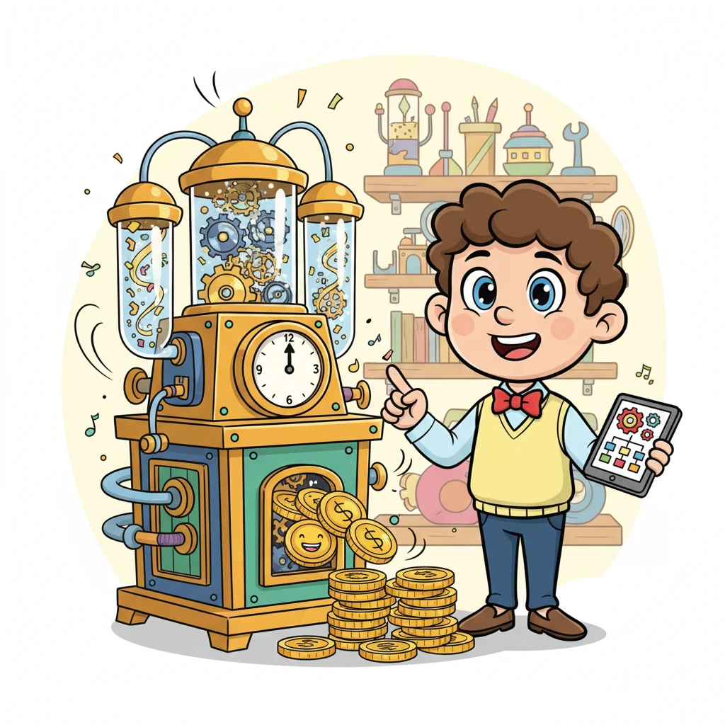 Mais le plus amusant était sa "Machine à Bonheur et à Argent", un engin rigolo qui faisait des bruits de tic-tac et de cliquetis. Cette machine calculait exactement combien de "jetons de bonheur" chaque travailleur avait gagné ce mois-ci, en tenant compte de leur travail de base et de leurs efforts supplémentaires.