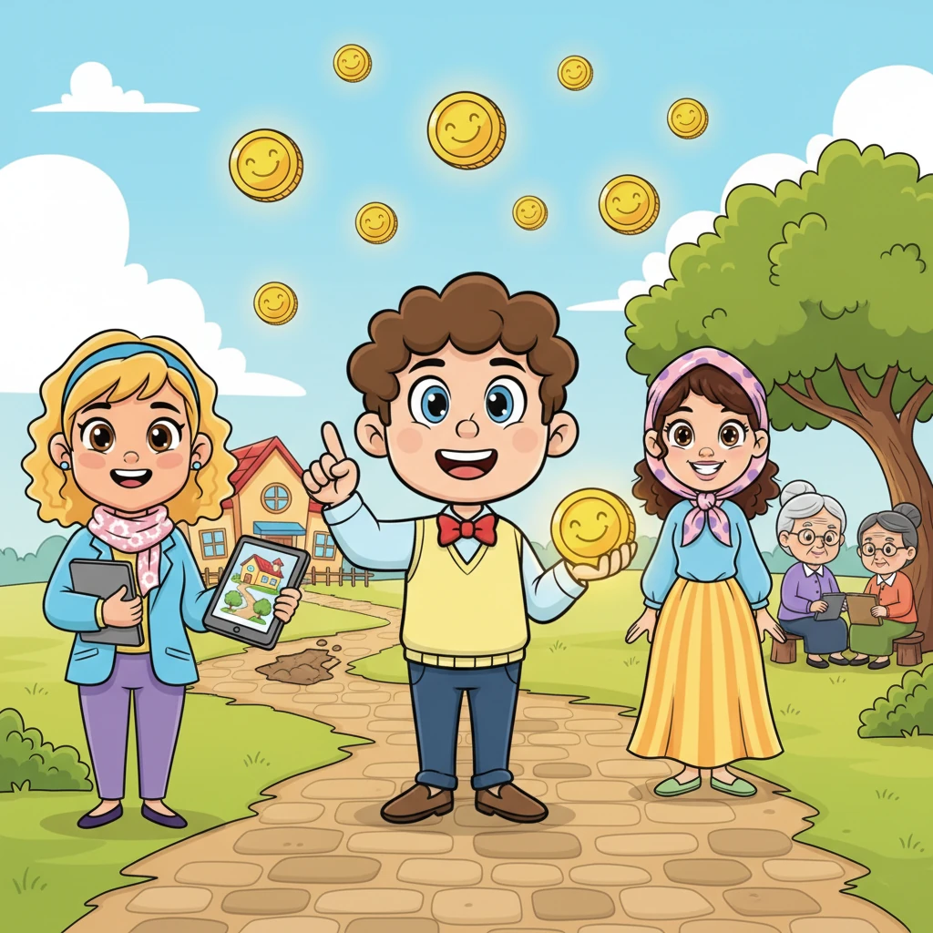 Kito expliquait aussi que quelques "jetons de bonheur" étaient mis de côté pour aider tout le village. Ces jetons servaient à construire de nouvelles écoles, à réparer les chemins ou à prendre soin des anciens. C'était la façon dont tout le monde contribuait à la grande famille de Lumina.