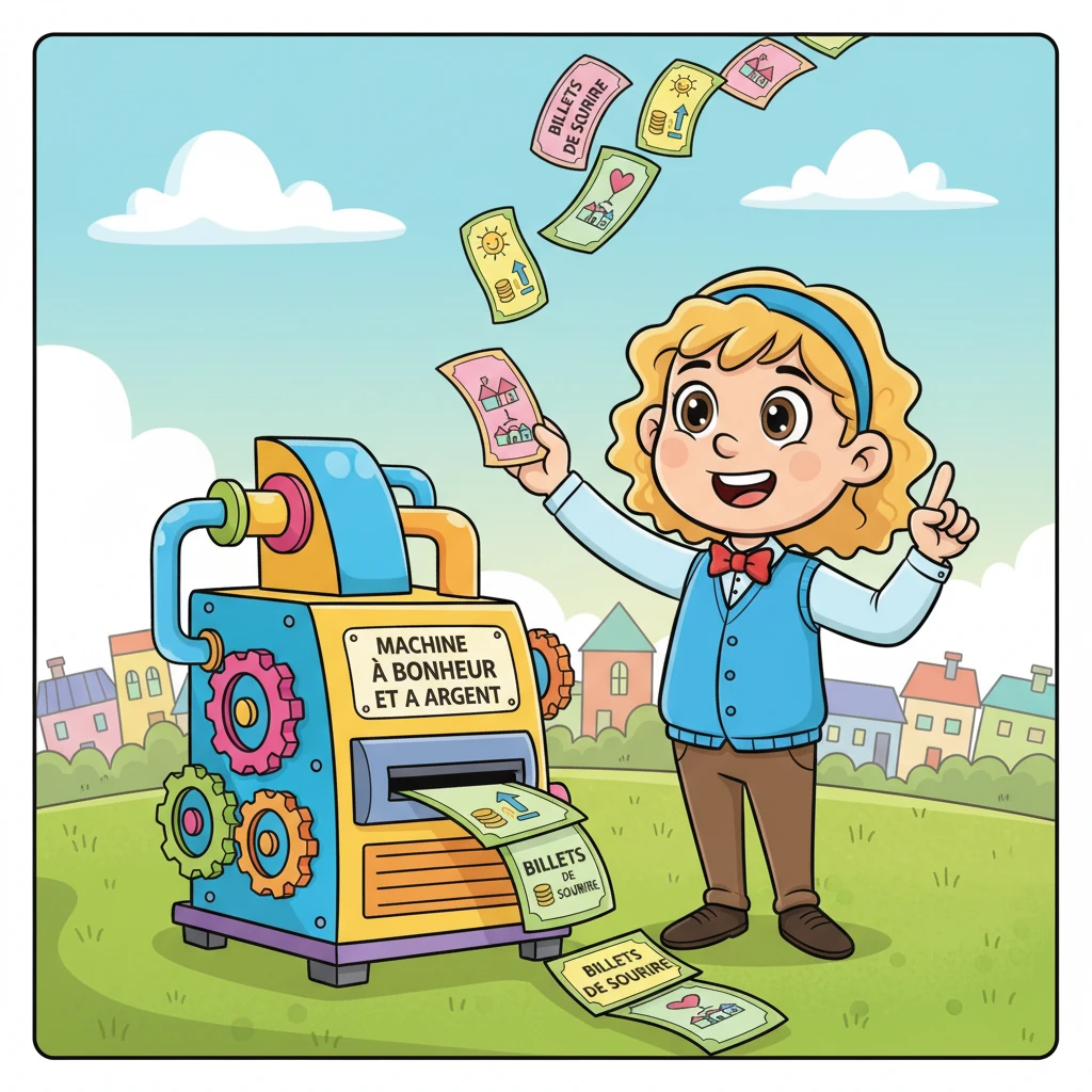 Chaque mois, la "Machine à Bonheur et à Argent" imprimait de jolis "Billets de Sourire", colorés et faciles à comprendre. Chaque billet montrait clairement combien de jetons avaient été gagnés et combien avaient été partagés pour le bien du village. C'était un moment de joie et de fierté pour tous.