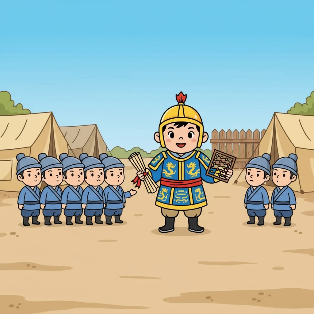 接著，韓信讓士兵們重新排隊，這次是五個士兵一組，結果又多出了三個士兵。士兵們好奇地看著韓信，等待著他的下一步指示。韓信微笑著，似乎已經找到了答案的線索。