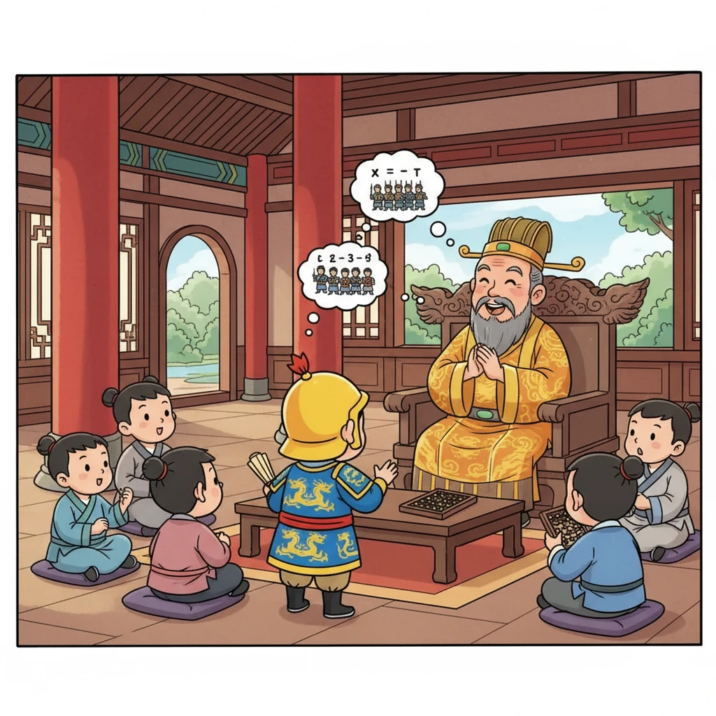 韓信迅速地計算著，他運用了倍數和餘數的知識，很快就找到了士兵的數量。他向皇帝報告，皇帝聽後非常滿意，稱讚韓信的聰明才智。小朋友們，你們也可以試著計算一下喔！