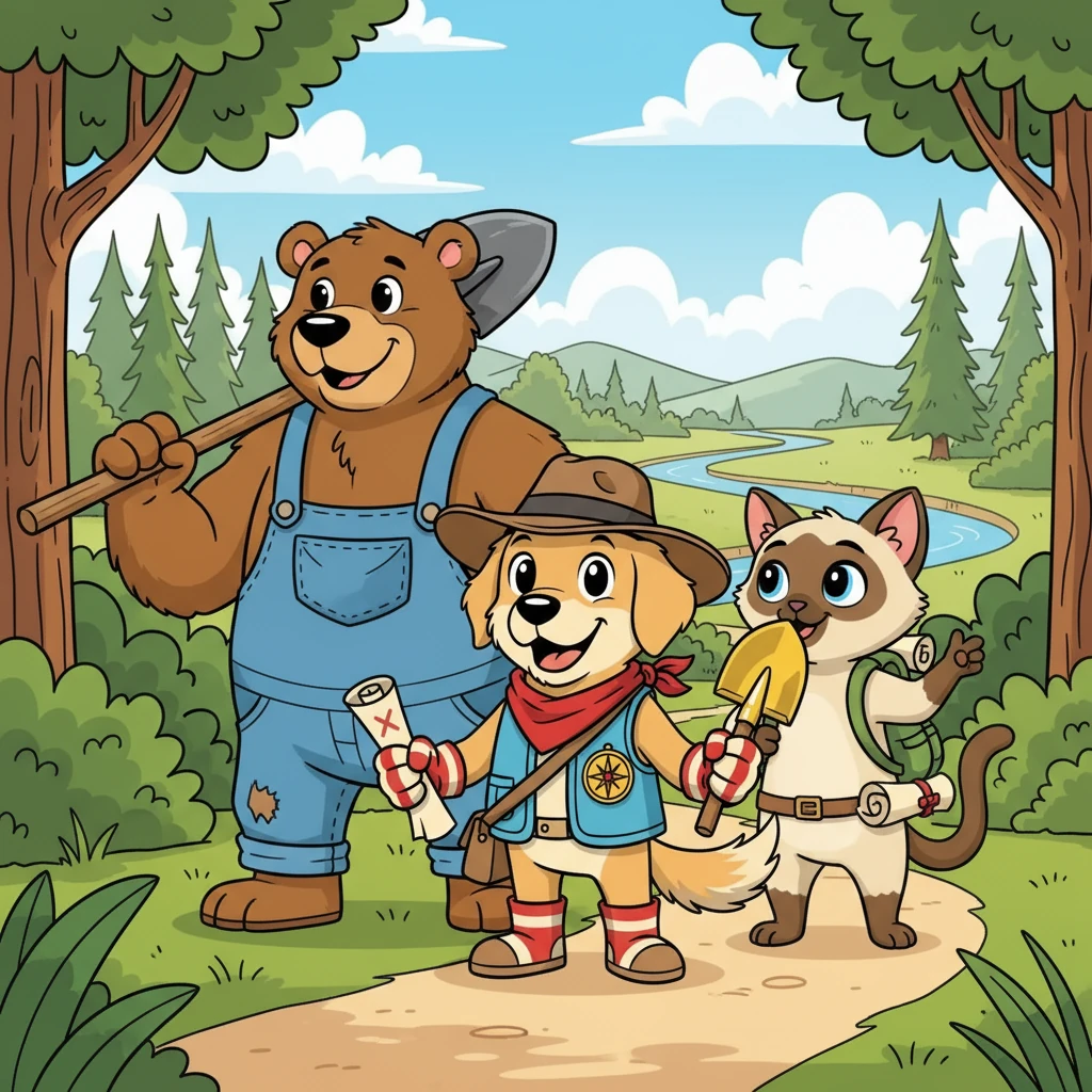 First, Cody found Rosie, a clever cat with a knack for solving riddles. She was excited to join the adventure. Next, they met Barnaby, a strong and friendly bear, who could help dig if needed. They set off together, ready for anything.