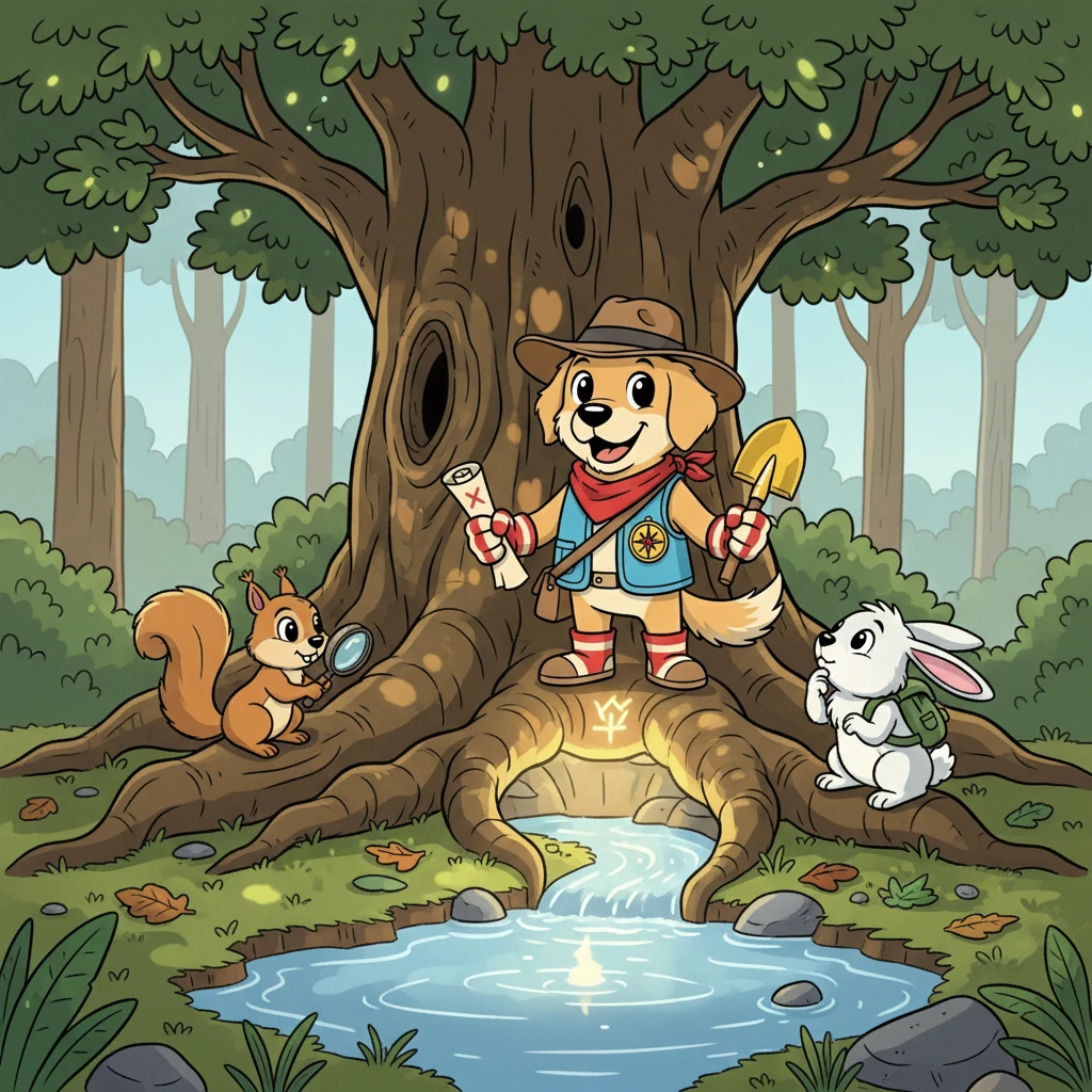 Following the map, Cody, Rosie, and Barnaby arrived at a giant oak tree. The map showed a clue hidden in its roots. Rosie deciphered a riddle: "Where the sun kisses the water, the treasure will be found."