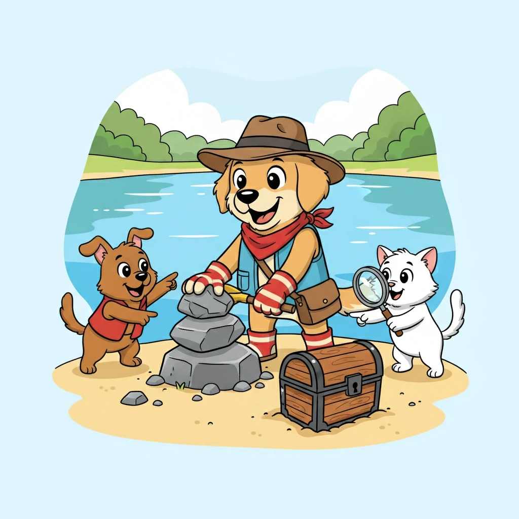 They followed the riddle to a sparkling blue lake. Barnaby used his strength to move aside some rocks. Cody and Rosie searched the area, looking for the treasure. They found a small, wooden chest buried in the sand.