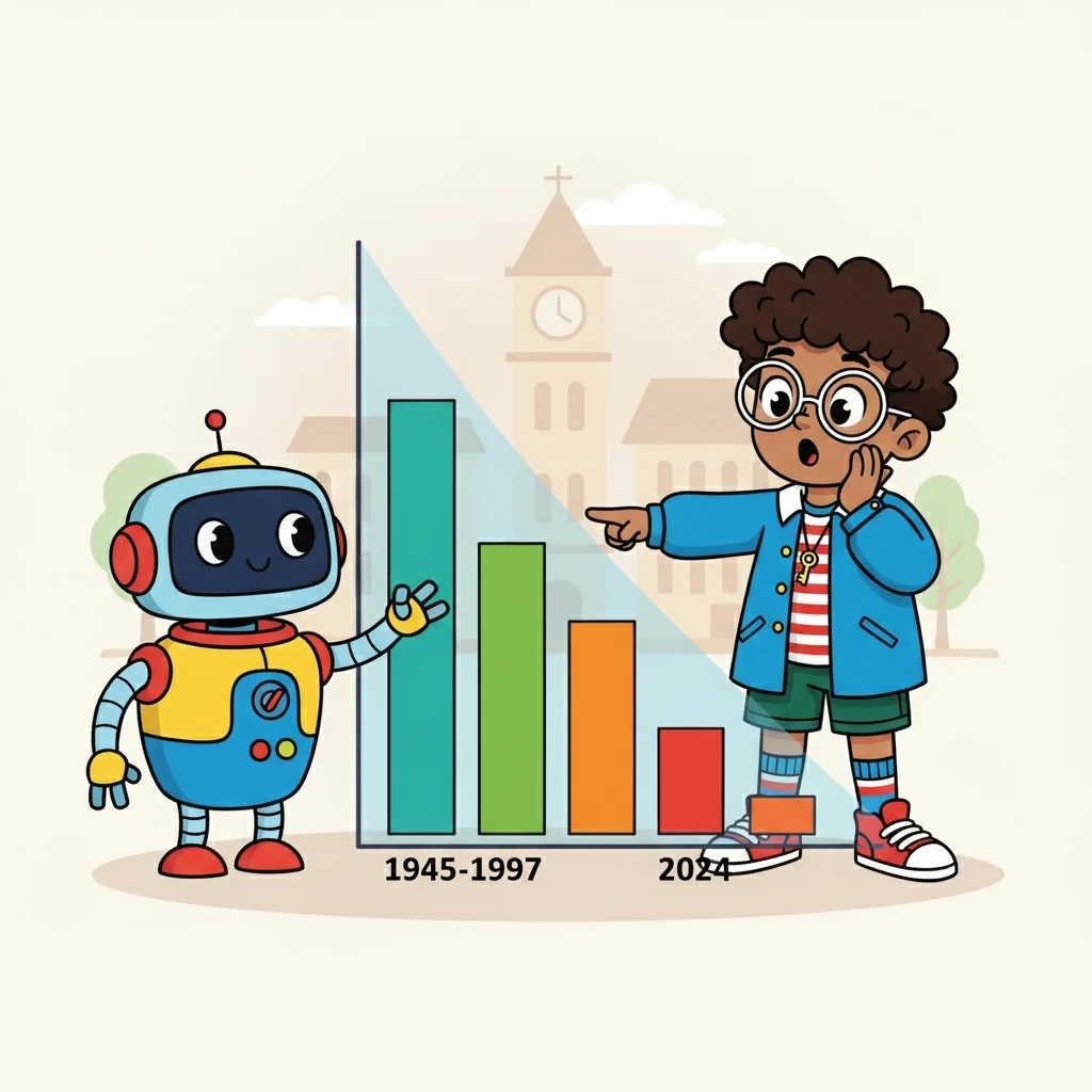 Vote-Bot showed Alex how voter turnout had fallen since the post-war era. A colorful graph illustrated the decline from 76% in 1945-97 to a recent low of around 59.8% in 2024. Alex was surprised!