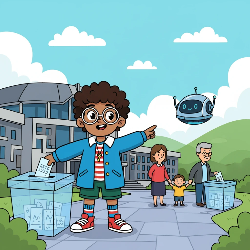 Next, Vote-Bot transported Alex to a Scottish Parliament election. They saw that 'second-order' contests, like the Senedd or Scottish Parliament elections, often have fewer voters. The scene was filled with detailed illustrations of the parliament building and people voting.
