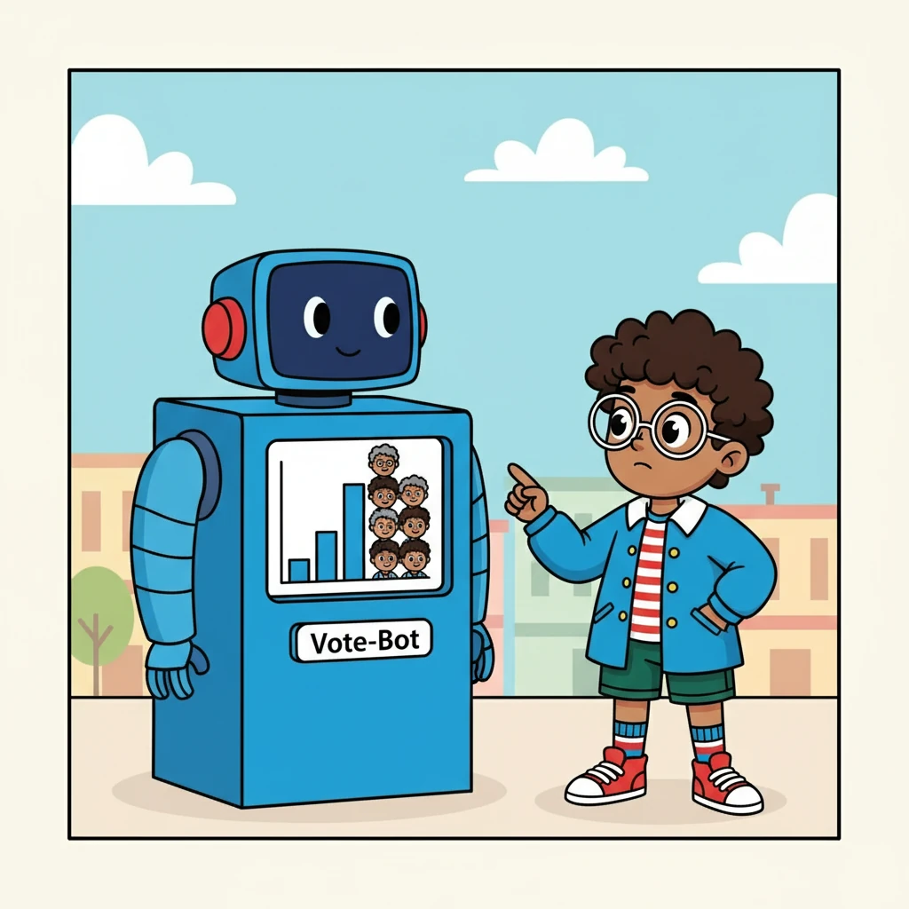 Vote-Bot pointed out the age gap in voting: older people tended to vote more. Alex saw a cartoon of older voters easily outnumbering younger ones. This meant policies might favor the older generation.