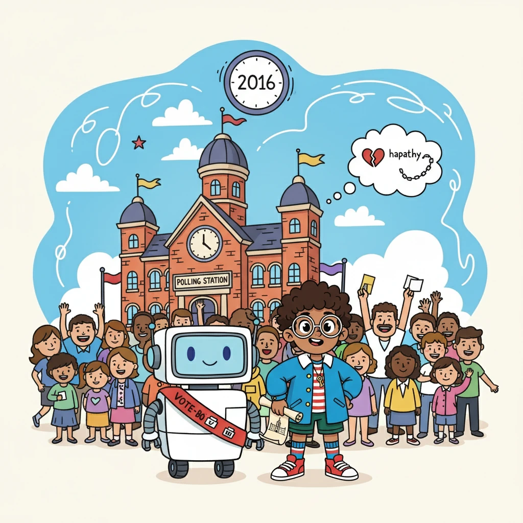 Alex and Vote-Bot visited the EU referendum in 2016, also with high turnout (72.2%). Vote-Bot explained how this implied people were disillusioned with politicians, not politics, as some people experienced 'hapathy'.