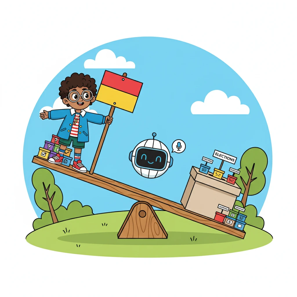 Vote-Bot declared that referendums showed interest, but low routine electoral participation was still a crisis. A visual aid showed a seesaw, with referendums on one side and elections on the other, the elections side dipping down.