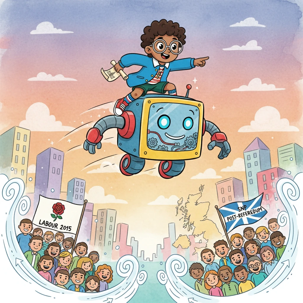 Vote-Bot showed Alex that some surges in party membership happened when parties channeled change. A dynamic illustration depicted the Labour Party in 2015, and the SNP after the independence referendum, gaining members.