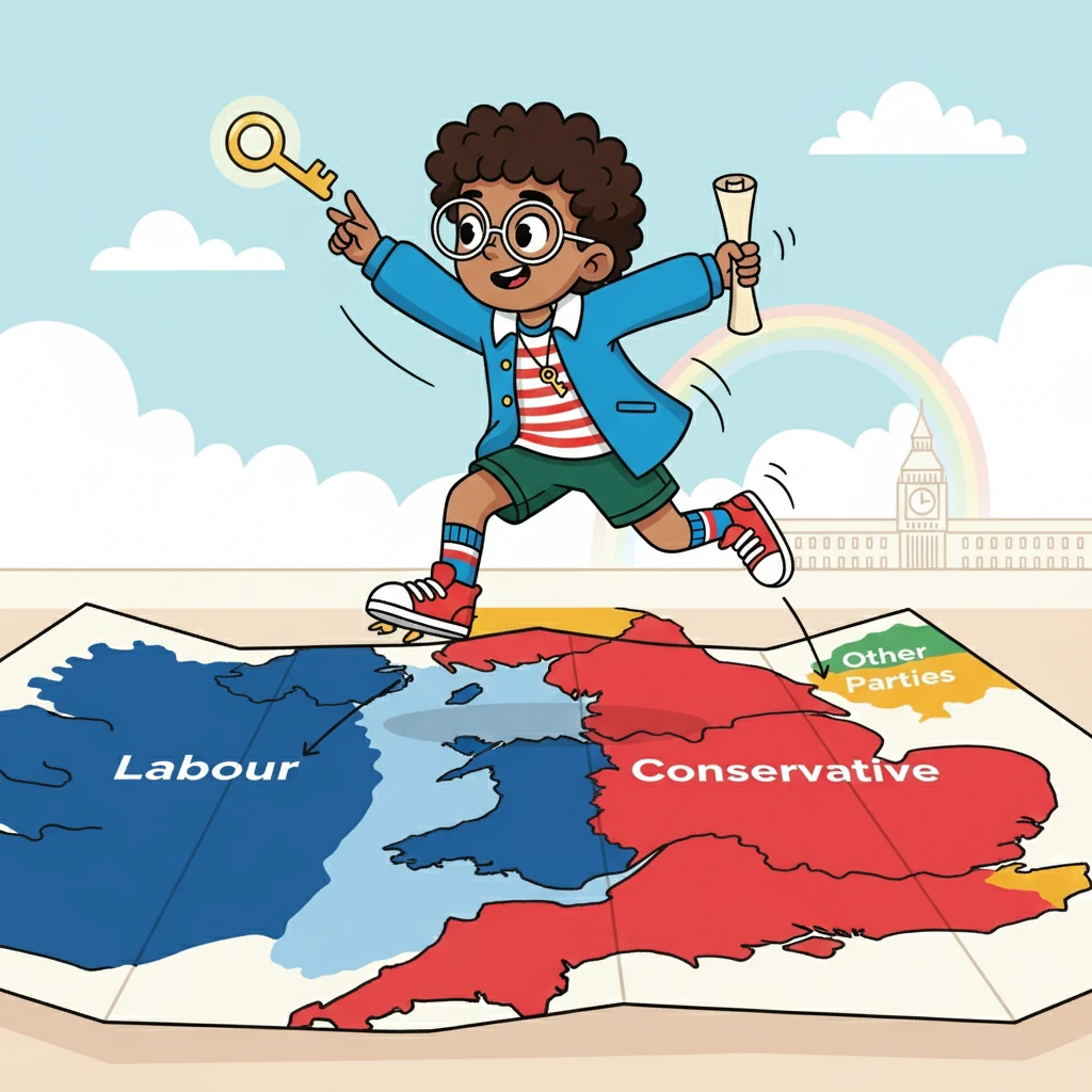 The scene shifted to the 2024 election results: only 57.4% of the vote went to the Labour and Conservative parties combined. The image showed a map of the UK with the votes split between the parties, with a very small percentage for other parties.