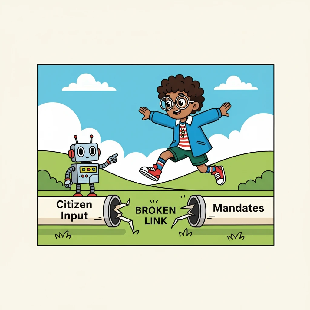 Vote-Bot explained that mass involvement isn’t essential, but the low membership in the governing parties weakens the citizen-party link. A visual aid showed a broken pipeline, with citizens at one end and mandates at the other.