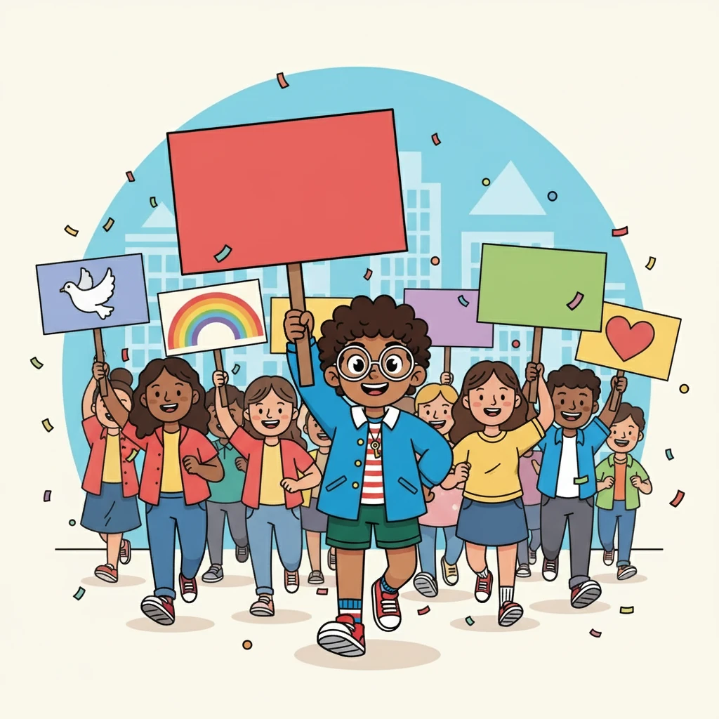 Alex then explored other forms of participation. They witnessed a large protest against the Gaza ceasefire. A colourful illustration showed people marching with signs.