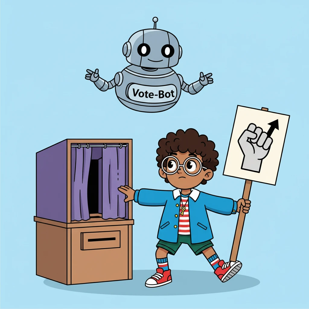 Vote-Bot explained that interest doesn't equal institutionalised consent. Informal channels can't replace elections/parties in legitimising authority. The image showed a voting booth, representing elections, and a protest sign, representing informal participation.