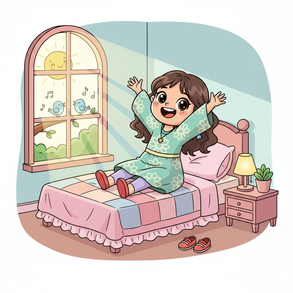 تستيقظ نور بنشاط وحماس ليوم جديد. الشمس مشرقة والطيور تغني خارج نافذتها. تتمدد نور بابتسامة كبيرة، مستعدة للمغامرات.