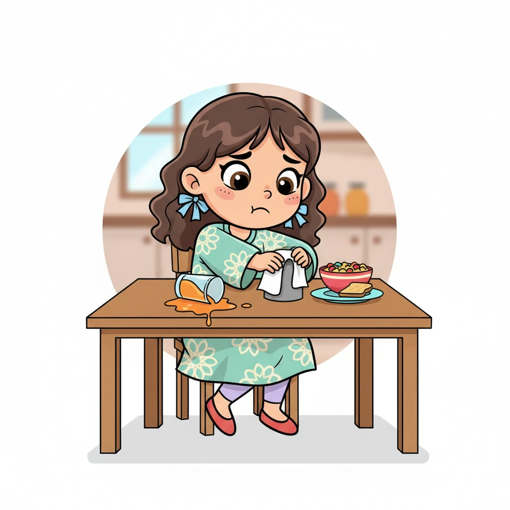 أثناء الفطور، تسكب نور القليل من العصير على الطاولة عن طريق الخطأ. يظهر عبوس صغير على وجهها، لكنها تمسك منديلًا بسرعة لتنظيفه، تشعر بقلق بسيط حول إخبار أمها.