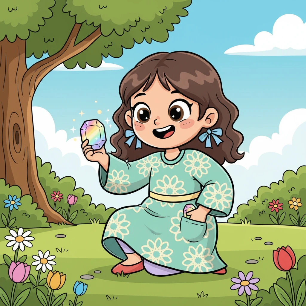 لاحقًا، أثناء اللعب في الحديقة، تجد نور حجرًا لامعًا وجميلًا. إنه مميز جدًا! تريد نور أن تحتفظ به ككنز سري، مخبأ بعمق في جيبها، فقط لنفسها.