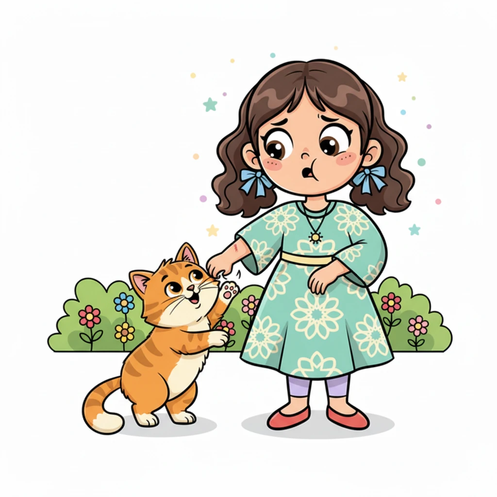 تأتي قطة الجيران الودودة، ميتنز، للعب. تخدش ميتنز ذراع نور بلطف، تاركة علامة حمراء صغيرة. تشعر نور بوخزة ألم وقليل من الخوف، لكنها لا تريد إثارة ضجة.