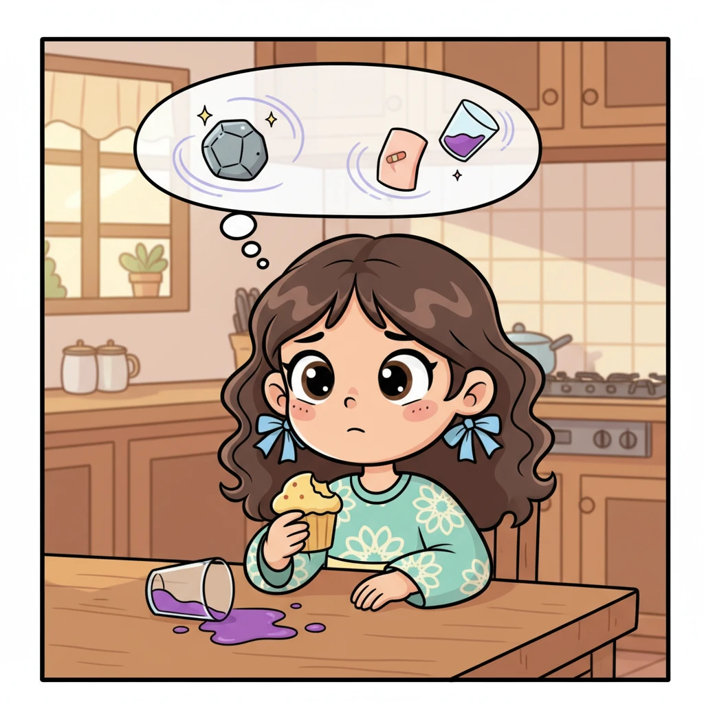 تنادي الأم نور إلى الداخل لتناول وجبة خفيفة. تجلس نور بهدوء، تتناول كعكة، لكن سكب العصير والحجر السري والخدش كلها تدور في ذهنها، مما يجعلها تشعر بالهدوء والبعد قليلاً.