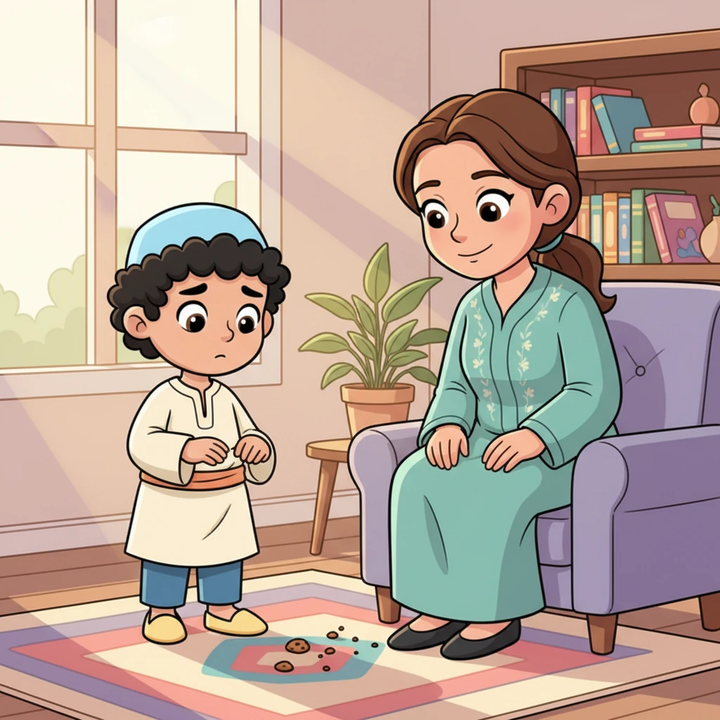 تلاحظ الأم هدوء نور. بابتسامة لطيفة، تسأل الأم: "هل حدث أي شيء مثير للاهتمام اليوم يا نوري الصغير؟" تتردد نور، تنظر إلى فتات الكعك.