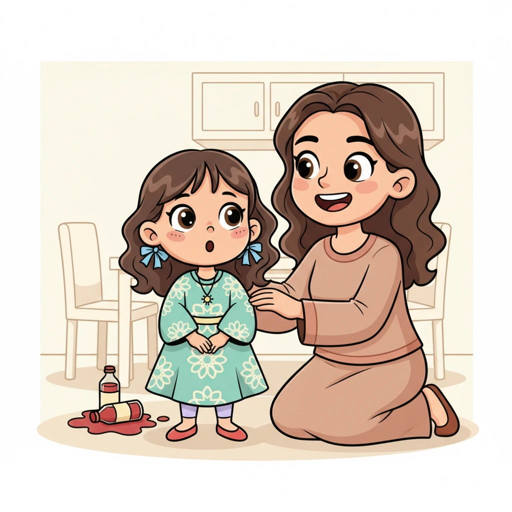 تأخذ نور نفسًا عميقًا وتقرر المشاركة. "أنا... سكبت بعض العصير،" تهمس نور، ثم تضيف بسرعة، "لكنني نظفته!" تتسع ابتسامة الأم، فخورة بصدق نور.