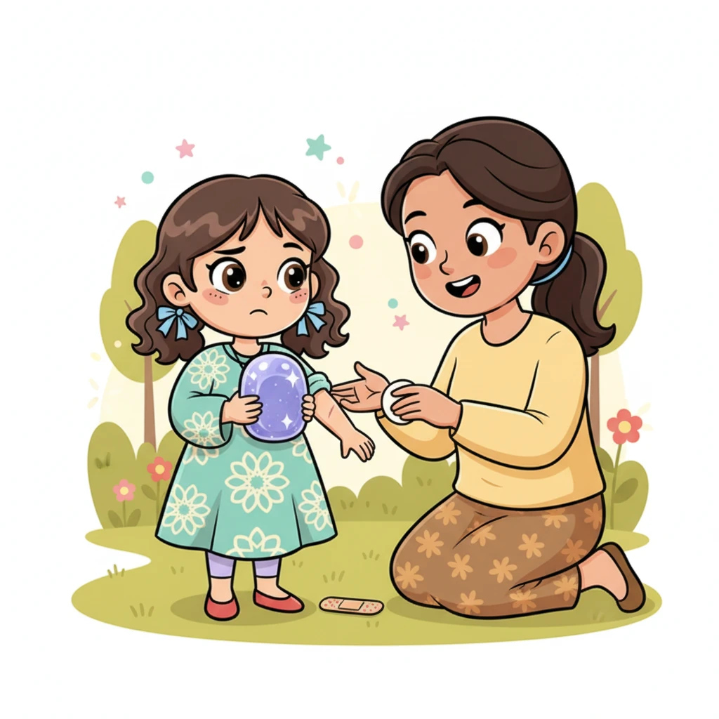 تشعر نور بالتشجيع، فتخرج الحجر اللامع. "ولقد وجدت هذا!" تعجب الأم بالحجر، وتثني على اكتشاف نور. ثم، تظهر نور بخجل الخدش الصغير من ميتنز. تنظفه الأم بلطف وتضع ضمادة صغيرة وملونة.