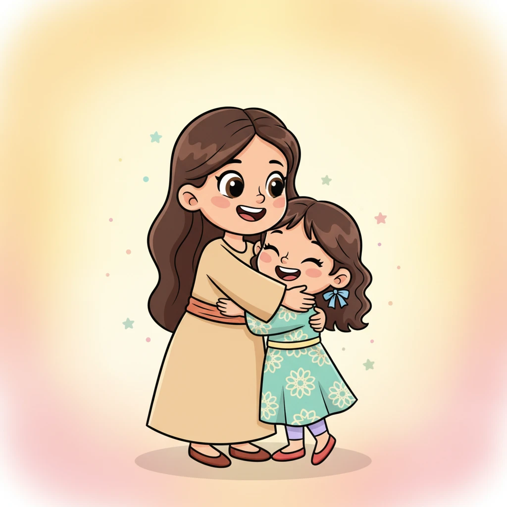 تمنح الأم نور عناقًا كبيرًا ودافئًا. "من الجيد دائمًا مشاركة كل شيء، كبيرًا كان أم صغيرًا يا عزيزتي. يمكننا دائمًا حل الأمور معًا." تعانق نور أمها، تشعر بالأمان والحب، وتعرف أن المشاركة تجعل كل يوم أكثر إشراقًا.