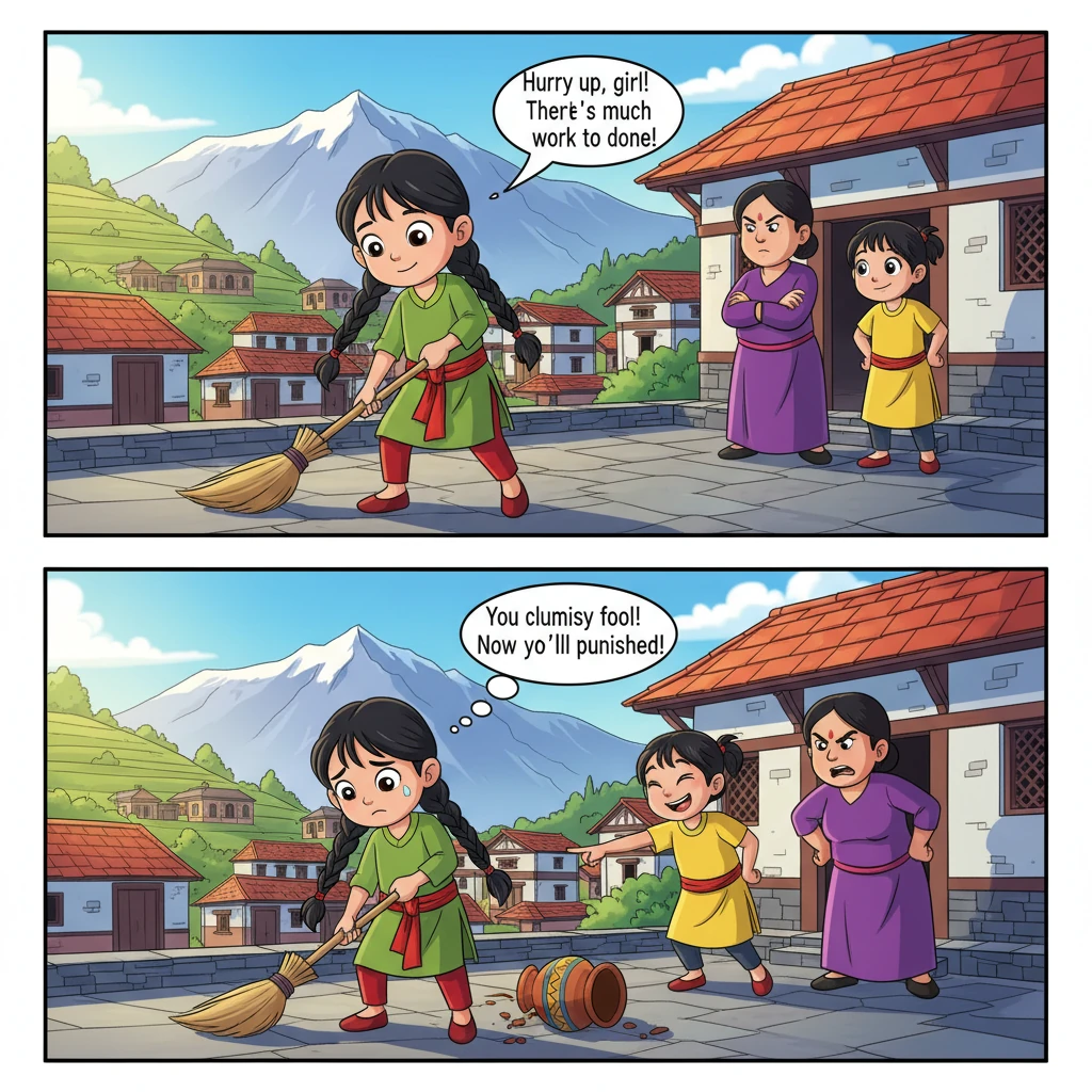 Once upon a time in a small village in Nepal, there lived a sweet girl named Punthakhu Maincha. After her mother passed away, her father married again. Her new stepmother and stepsister were very mean to her. A colorful Nepali village scene with traditional houses and mountains in the background. In the foreground, show Punthakhu—a cheerful 6-year-old girl with long black braided hair, wearing a bright red patuka (traditional sash) over a simple green kurta. She has big expressive eyes and a gentle smile. Behind her, show her stepmother (stern-looking woman with arms crossed, wearing purple) and stepsister (sneering girl in yellow) standing in the doorway of their house. Comic book style with bold outlines and vibrant colors. Morning sunlight streaming through, creating dynamic shadows.