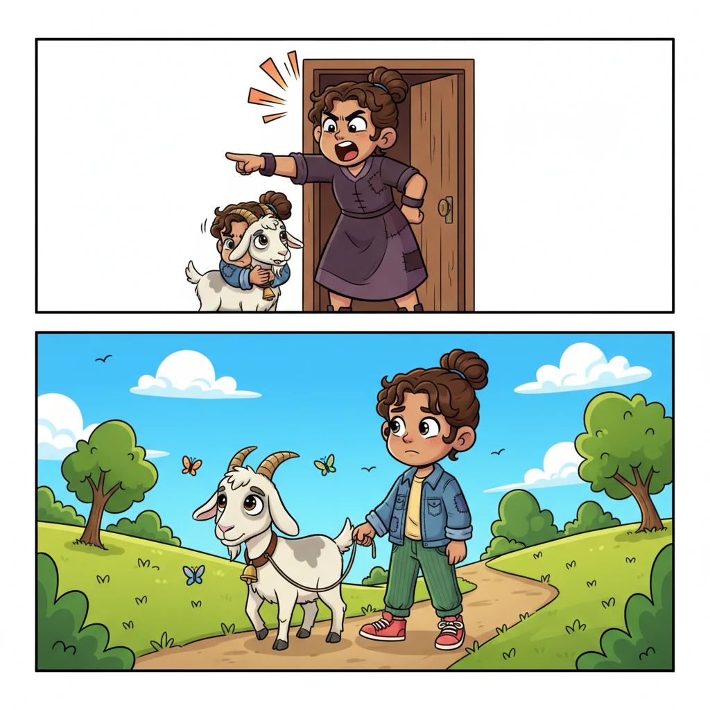 Every day, Punthakhu's stepmother gave her all the hard work. 'Take this old goat to the forest to graze!' she shouted. 'And don't come back until sunset!' Punthakhu hugged the old nanny goat named Dhon Cholecha and walked into the forest. Split panel comic style. Top panel: Stepmother pointing angrily toward the door, with motion lines showing her shouting. Her face is exaggerated with anger marks (comic style). Bottom panel: Punthakhu walking on a winding path through green hills, holding a rope attached to Dhon Cholecha—a friendly-looking old goat with droopy ears, white and gray fur, wearing a small bell around her neck. The goat has kind, wise eyes. Butterflies and birds flutter around them. Bright blue sky with puffy white clouds.