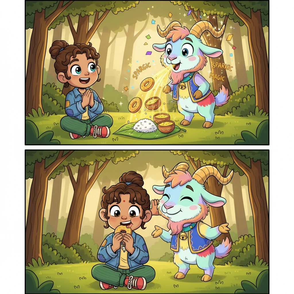 In the quiet forest, Dhon Cholecha spoke! 'Dear child, you must be hungry. Don't worry!' The magical goat brought up delicious sel roti, rice, and daal from her mouth. Punthakhu ate happily. 'This is our secret,' whispered Dhon Cholecha. Magical forest clearing with tall trees creating a natural circle. Center focus: Dhon Cholecha glowing with golden sparkles around her as she produces traditional Nepali food on large green leaves—golden sel roti (ring-shaped bread), white rice mound, and yellow daal in small clay bowls. Punthakhu sits cross-legged on the grass, eyes wide with amazement and joy, hands clasped together. Magical stars and swirls float in the air. Dappled sunlight through leaves creates a dreamlike atmosphere. Use bold, bright colors with comic-style 'SPARKLE' and 'MAGIC' sound effects.