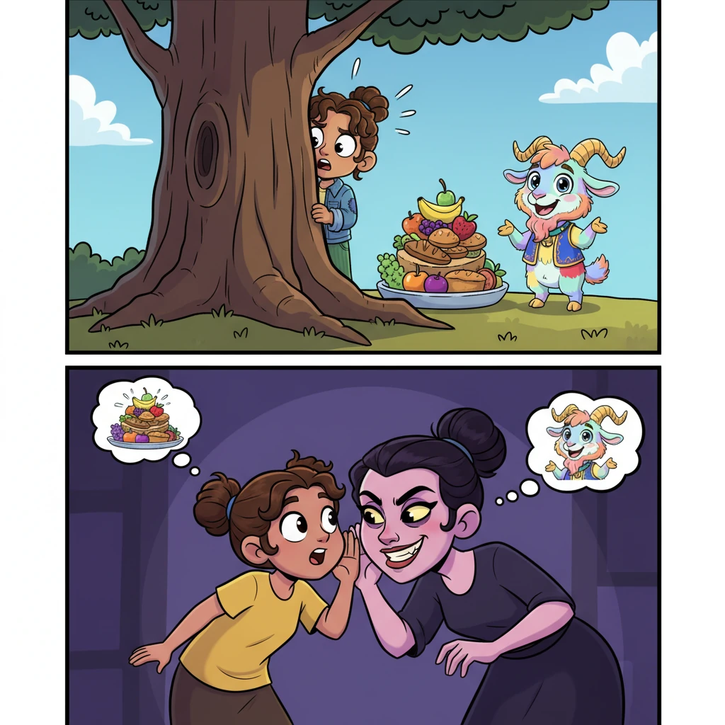 One day, the stepsister followed Punthakhu secretly. She saw everything! She ran home and told her mother. 'That goat is giving her all the good food! I want it too!' The wicked stepmother made an evil plan. Dynamic comic panel showing the stepsister hiding behind a large tree trunk (only half her face visible, with one wide eye peeking out). In the background, small figures of Punthakhu and the glowing goat. Foreground panel: The stepsister whispering urgently to her mother indoors, both with scheming expressions. Comic-style thought bubbles showing food. Motion lines and dramatic shadows. The stepsister wears yellow clothes and has her hair in two buns. Dark purple color tones in the stepmother's area to show her evil thoughts.