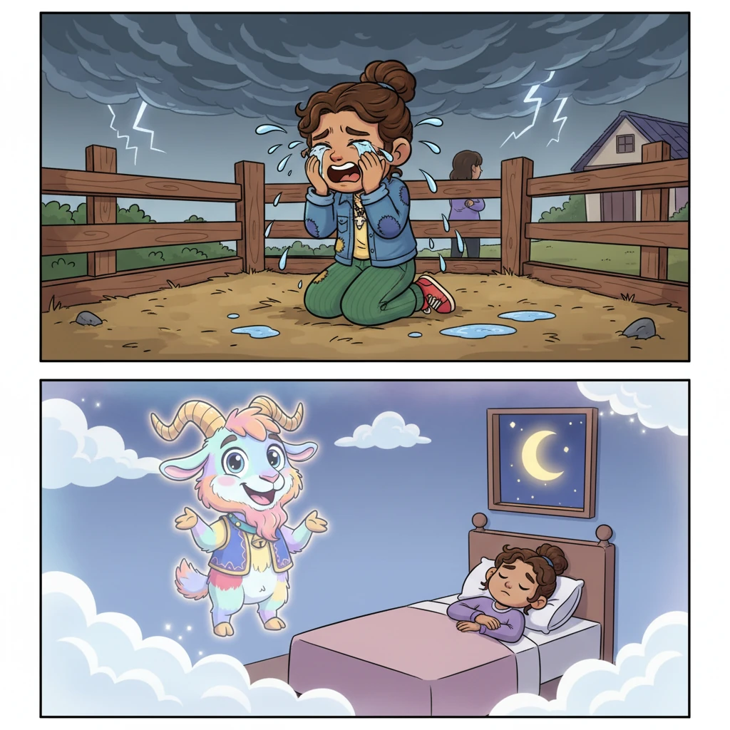When Punthakhu came home, she found something horrible. 'Dhon Cholecha is gone!' she cried. The stepmother had killed the magical goat! Punthakhu's tears fell like rain. That night, Dhon Cholecha appeared in her dream with a gentle smile. Emotional split scene. Top: Punthakhu discovering the empty goat pen, on her knees crying, with large tear drops (comic style). Dark storm clouds above the house. The stepmother in the background looking away with crossed arms. Bottom: Dream sequence with soft, glowing borders—ghostly, translucent Dhon Cholecha surrounded by white clouds and golden light, smiling peacefully at sleeping Punthakhu. Stars and moon visible. Use lighter, ethereal colors for the dream panel with a soft glow effect. Contrast with the darker, more dramatic top panel.