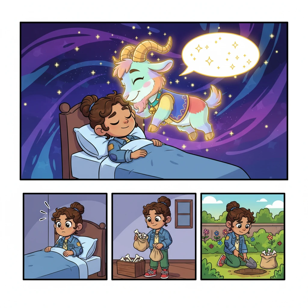 'Don't cry, my dear child,' said Dhon Cholecha in the dream. 'Take my bones and bury them in your garden. Water them every day with love. Something wonderful will happen!' When Punthakhu woke up, she remembered every word. Large dreamy panel showing ghost-Dhon Cholecha speaking, with a speech bubble containing tiny sparkles. Her spirit form is transparent white with golden outlines and a warm glow. She's touching her nose to Punthakhu's forehead affectionately. The background shows a starry night sky with swirling magical patterns in purples and blues. Small panels at the bottom show: 1) Punthakhu waking up with determined eyes, 2) Her collecting bones in a cloth, 3) Her digging in the garden. Comic-style motion lines.