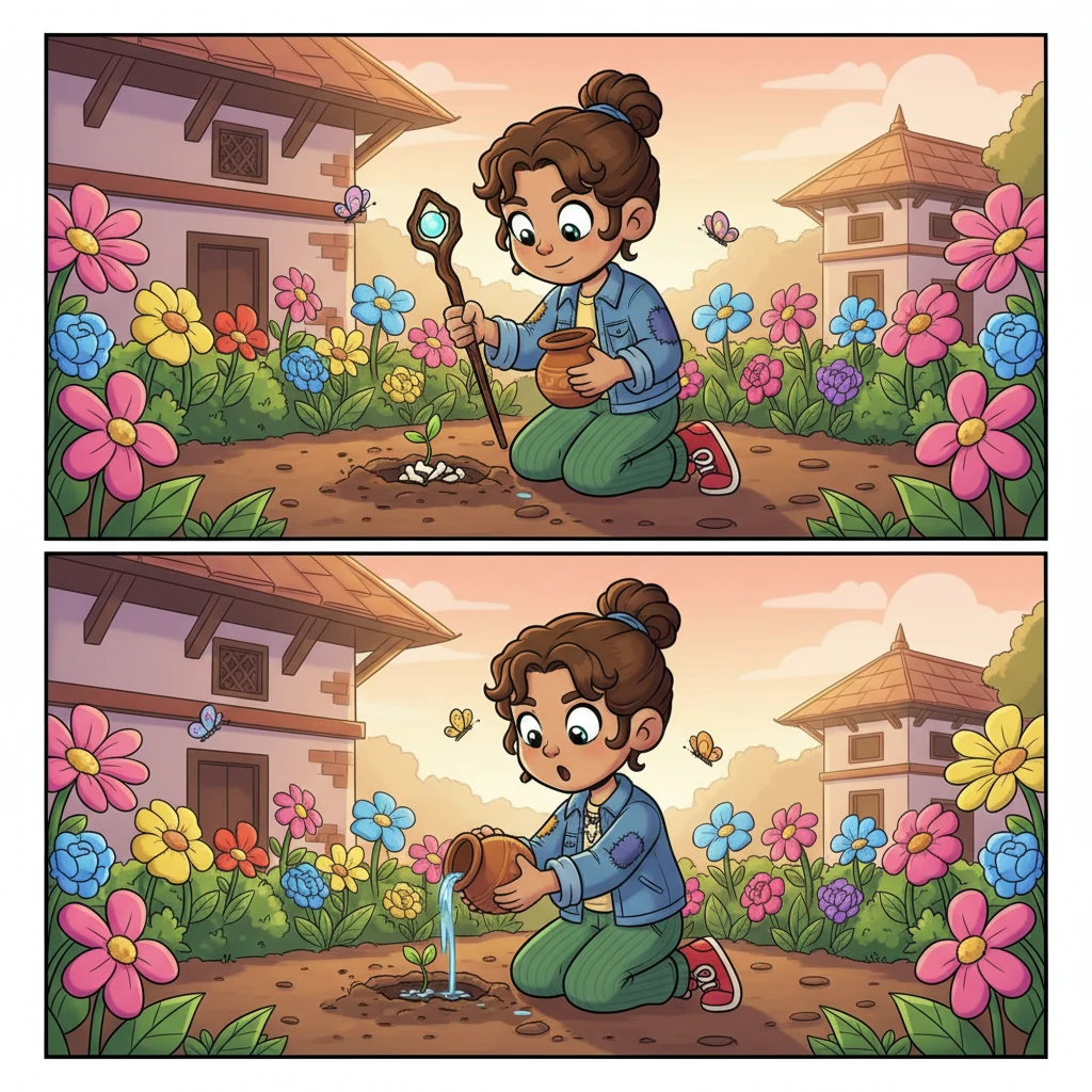 With a hopeful heart, Punthakhu carefully collected Dhon Cholecha’s bones and buried them in a special spot in the garden. Every morning, before the sun was fully up, she lovingly watered the earth, whispering sweet words to her magical friend. Punthakhu kneeling in a small, vibrant green garden patch, gently pouring water from a small clay pot onto the soil. She has a serene, determined expression. Around her are colorful blooming flowers and playful butterflies. A tiny, almost invisible sprout is just peeking out of the ground. The background shows the familiar Nepali house, with warm morning light bathing the scene.