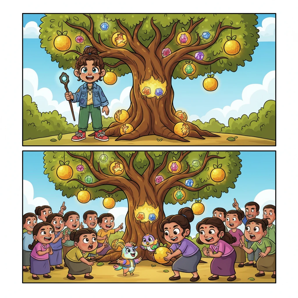 Soon, the plant transformed into a glorious tree, laden with shining golden fruits that glowed like tiny suns. Each fruit held a precious gem within! The entire village came to marvel at the wondrous Dhon Cholecha Tree, a testament to Punthakhu's pure heart. A majestic, whimsical tree dominating the garden, its branches heavy with oversized, glowing golden fruits. Some fruits are cracked open to reveal sparkling, colorful gems inside. Punthakhu stands proudly next to the tree, beaming with happiness, while villagers (friendly, diverse cartoon characters) gather around, pointing and gasping in amazement. The stepmother and stepsister are in the foreground, trying to sneakily pick a fruit, but a small, playful bird pecks at their hands, making them jump back with exaggerated expressions of pain and frustration. Bright, warm colors fill the scene.