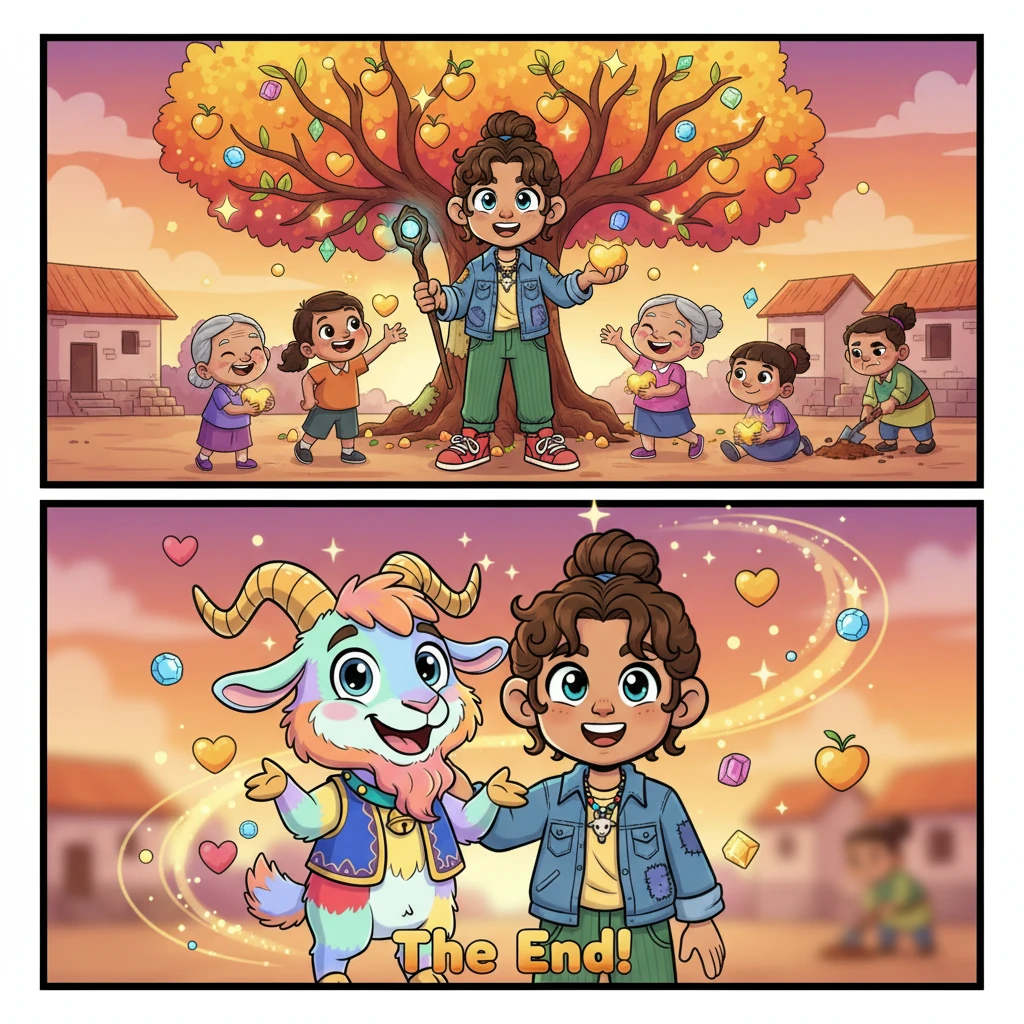 From that day on, Punthakhu lived a life filled with joy and prosperity, always remembering her kind friend, Dhon Cholecha. She shared her fortune with those in need, proving that kindness and love truly bring the greatest magic of all. A final joyful scene. Punthakhu, now slightly older but still with her gentle smile, is surrounded by happy villagers. She is giving golden fruits (or gems) to children and elders, who are smiling broadly. The magical tree stands tall and vibrant in the background, a symbol of hope and generosity. The stepmother and stepsister are visible in the distant background, looking grumpy and isolated, perhaps trying to dig their own hole in the ground with no success. The overall mood is warm, cheerful, and full of light, with a beautiful sunset sky.