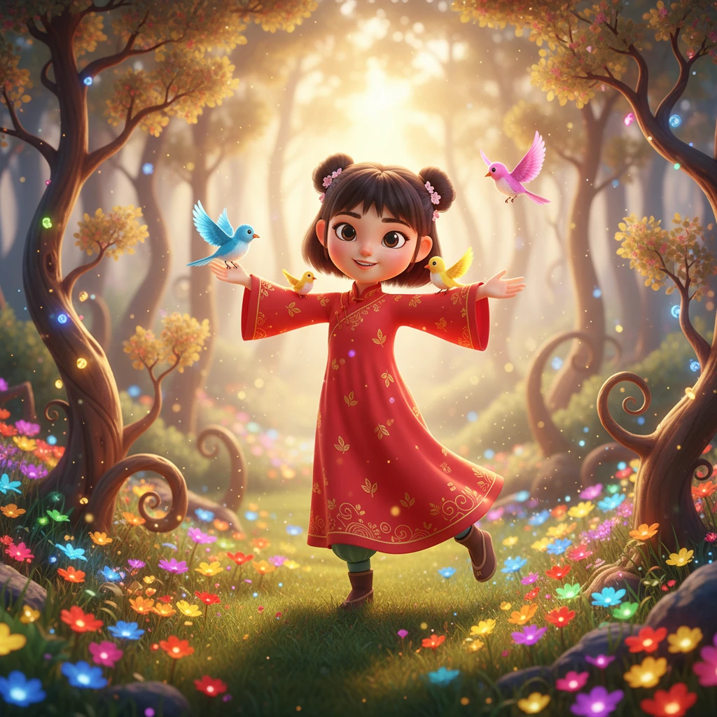 在阳光明媚的早晨，小女孩莉莉穿着她最喜欢的红色连衣裙，正和小鸟们在魔法森林里玩耍。森林里充满了五彩斑斓的花朵和欢快的歌声，每一棵树都显得生机勃勃，充满了魔力。