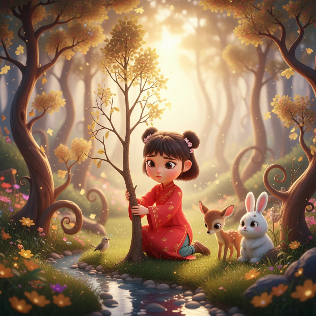 一天，森林突然变得安静下来，曾经翠绿的叶子开始枯黄，小溪也只剩下细细的水流。小动物们无精打采地聚集在一起，小兔子和小鹿的眼睛里充满了担忧和悲伤。