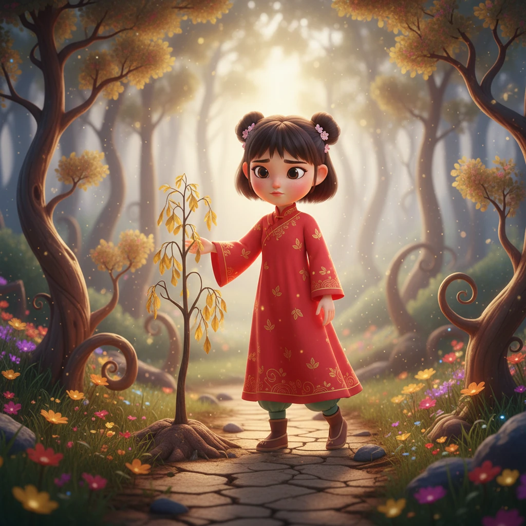 莉莉看到森林的变化，心里很难过。她摸了摸一棵病恹恹的小树，下定决心要找出原因，帮助她亲爱的森林恢复健康。她坚定的眼神里闪烁着勇敢的光芒。