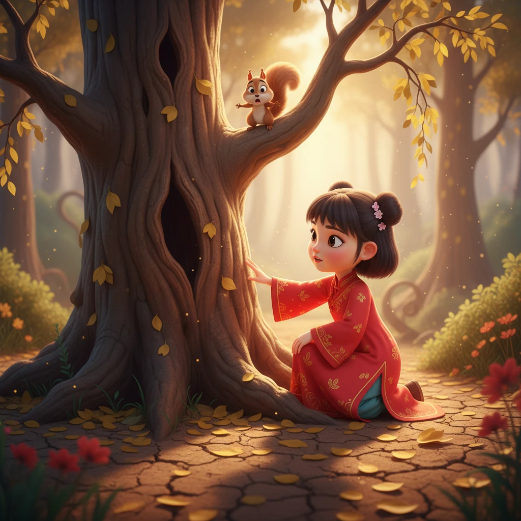 莉莉在森林深处遇到了一只焦急的小松鼠。小松鼠叽叽喳喳地告诉莉莉，森林的生命之源——古老的魔法泉眼快要干涸了，那是森林所有生机的秘密。