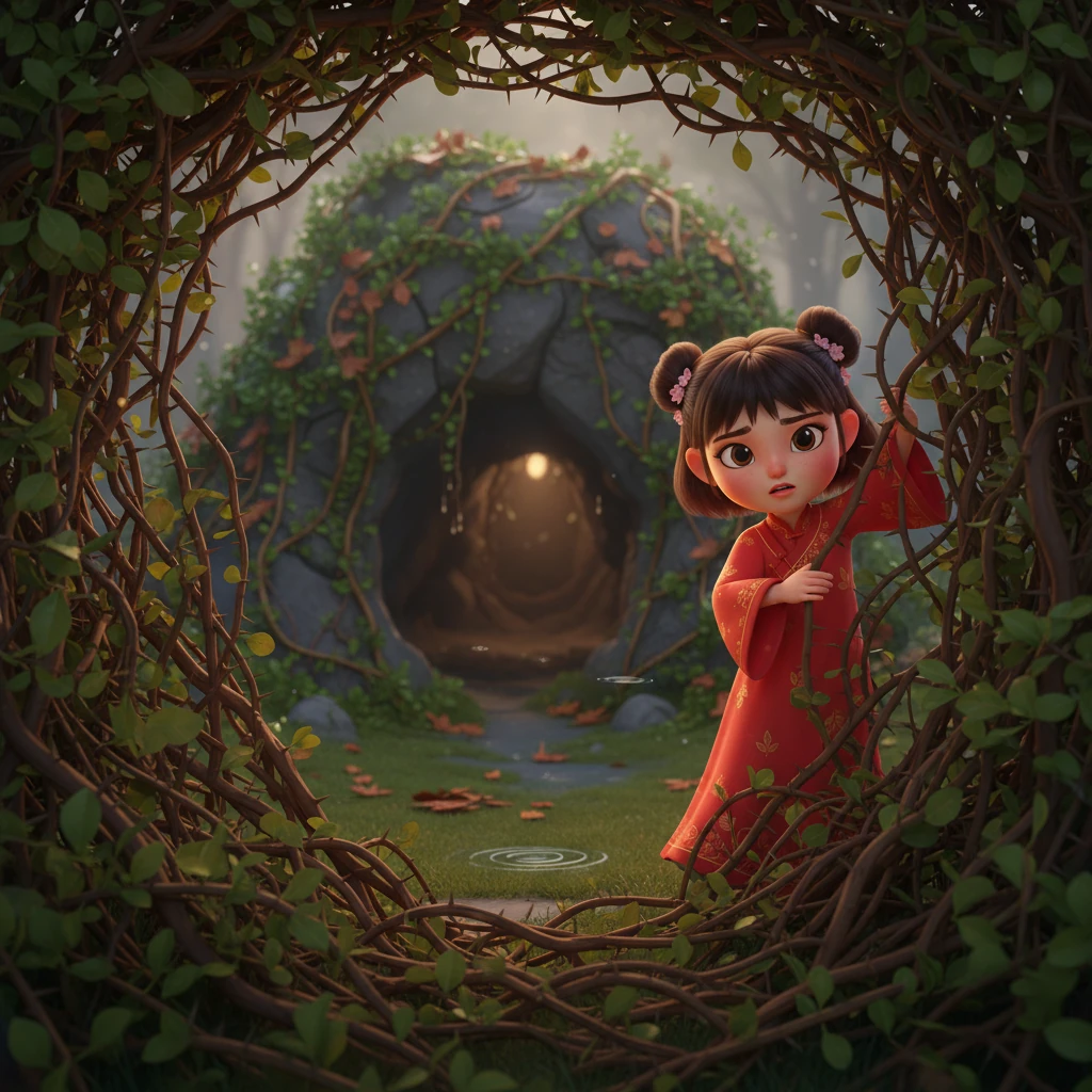 莉莉穿过一片长满了荆棘的灌木丛，来到了一处阴暗潮湿的山谷。在这里，她发现了一个被藤蔓和落叶覆盖的石洞，洞口隐约透出微弱的光芒，洞内传来微弱的滴水声。